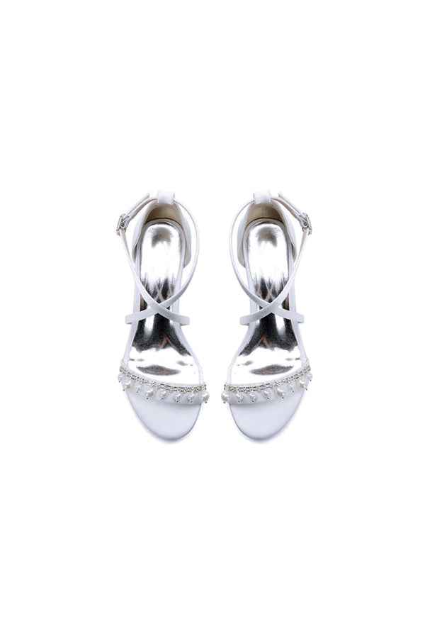 Open Toe Pearl Hollow Out Chunky Heels - KissProm