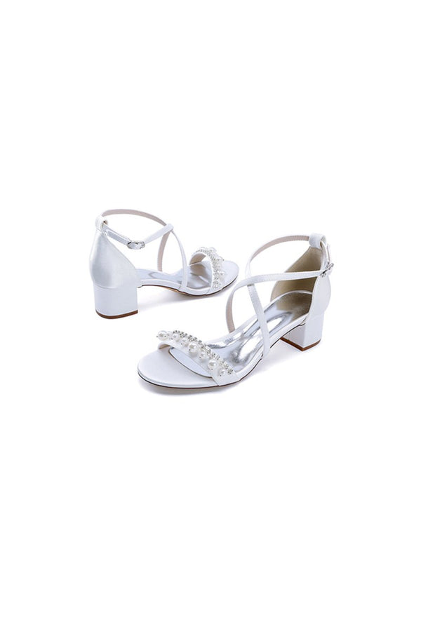 Open Toe Pearl Hollow Out Chunky Heels - KissProm