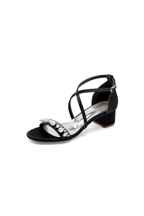 Open Toe Pearl Hollow Out Chunky Heels - KissProm