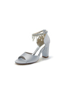 Open Toe Pearl Tassel Satin Chunky Heels - KissProm