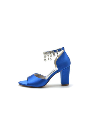 Open Toe Pearl Tassel Satin Chunky Heels - KissProm