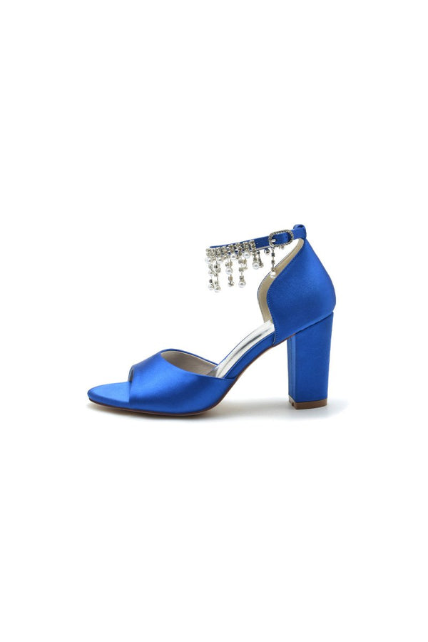Open Toe Pearl Tassel Satin Chunky Heels - KissProm