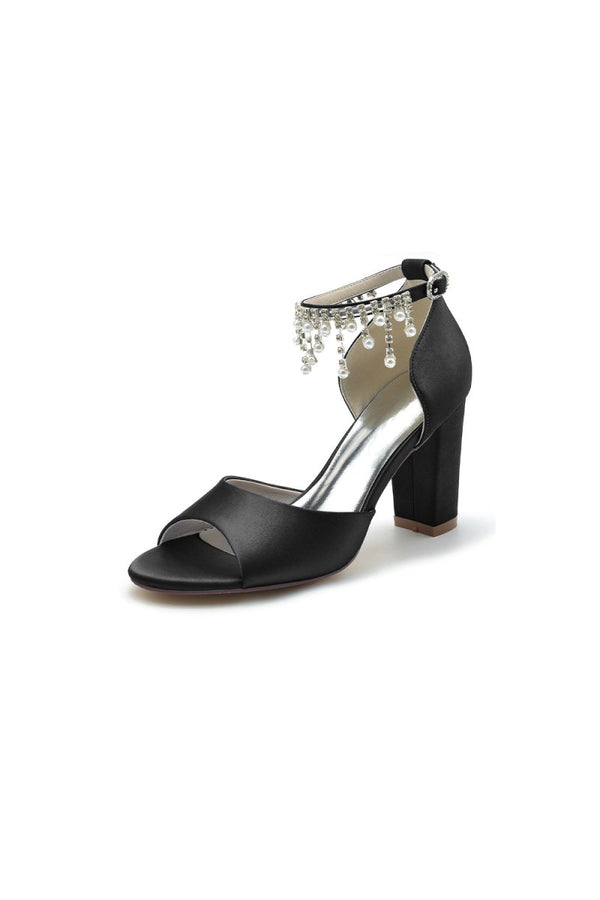 Open Toe Pearl Tassel Satin Chunky Heels - KissProm