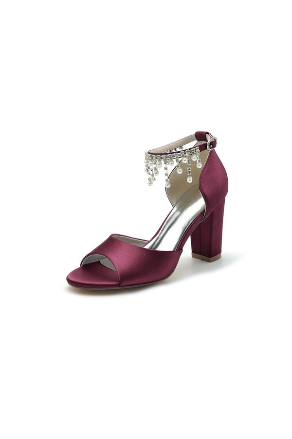 Open Toe Pearl Tassel Satin Chunky Heels - KissProm