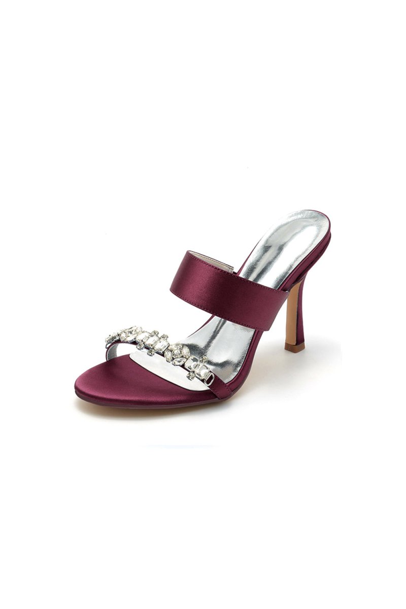 Open Toe Satin Strap Slip On High Heels With Rhinestone - KissProm