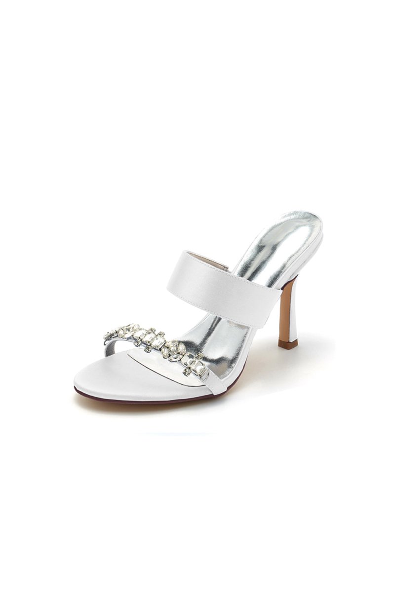Open Toe Satin Strap Slip On High Heels With Rhinestone - KissProm
