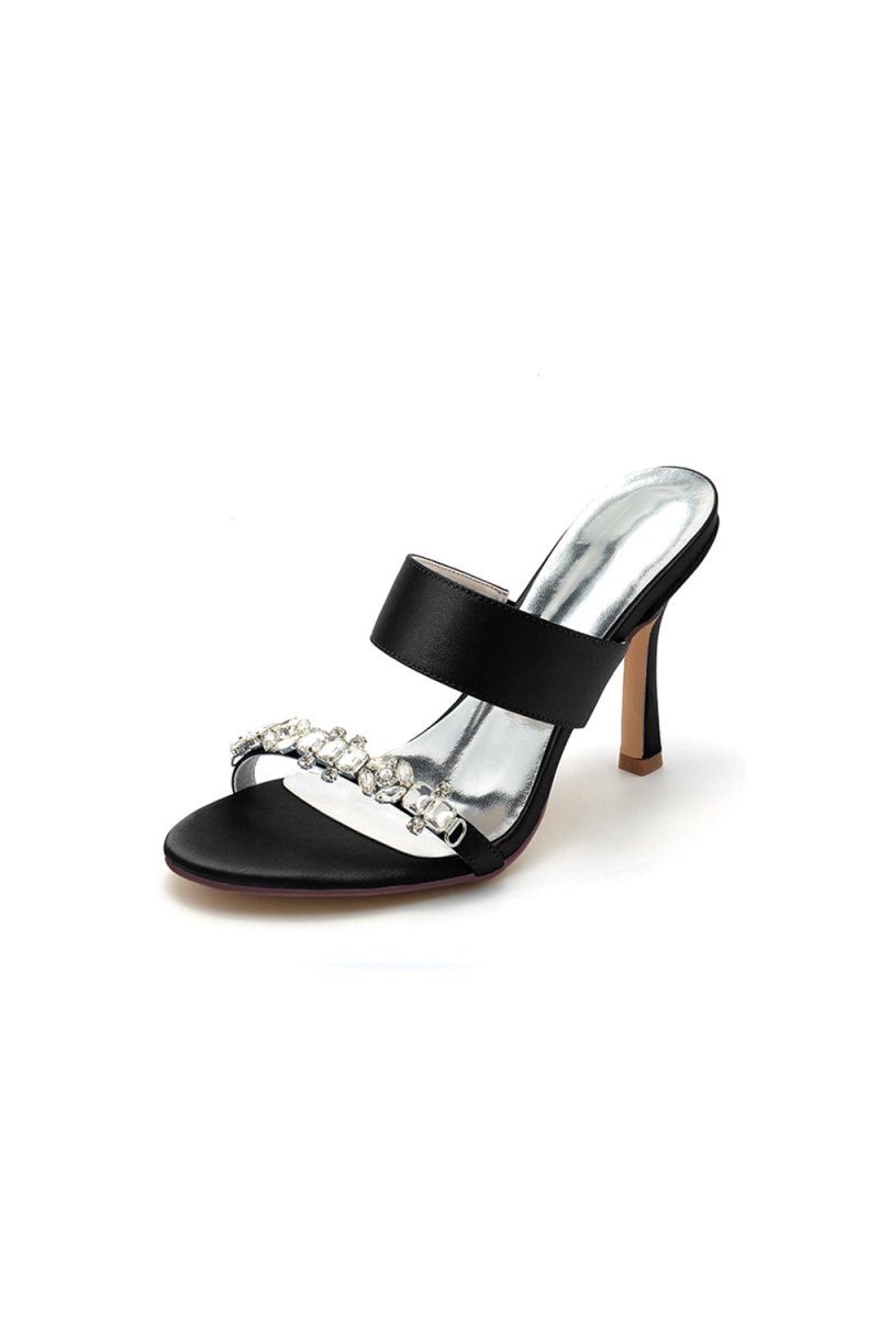 Open Toe Satin Strap Slip On High Heels With Rhinestone - KissProm