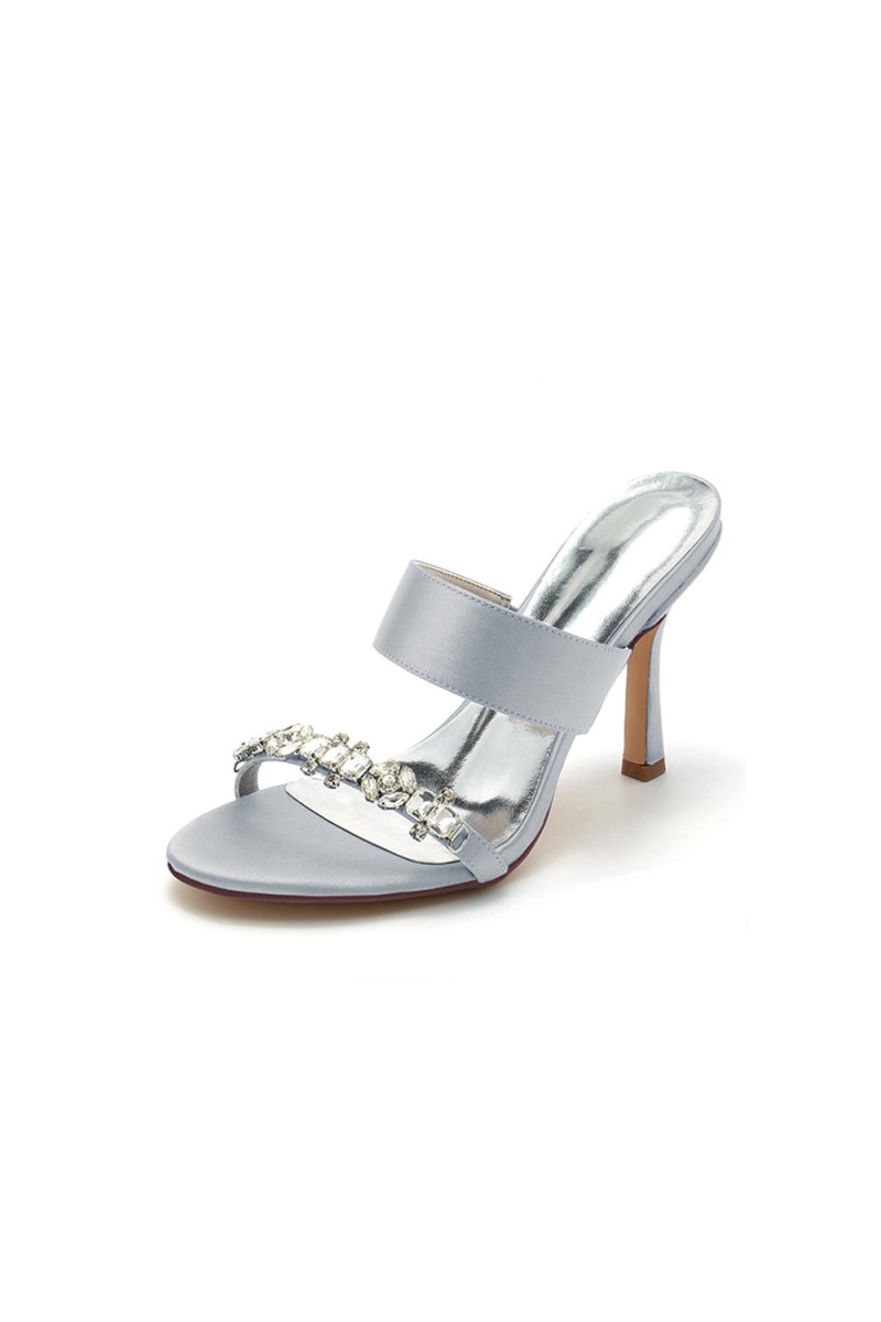 Open Toe Satin Strap Slip On High Heels With Rhinestone - KissProm