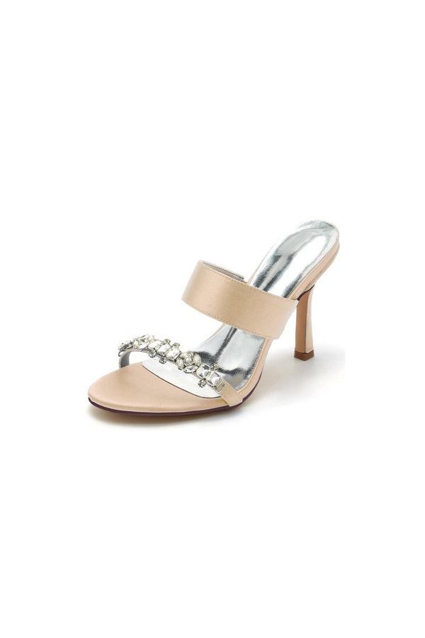 Open Toe Satin Strap Slip On High Heels With Rhinestone - KissProm
