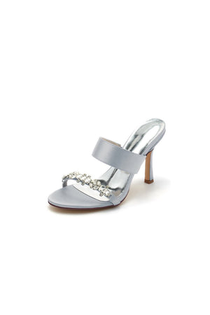 Open Toe Satin Strap Slip On High Heels With Rhinestone - KissProm