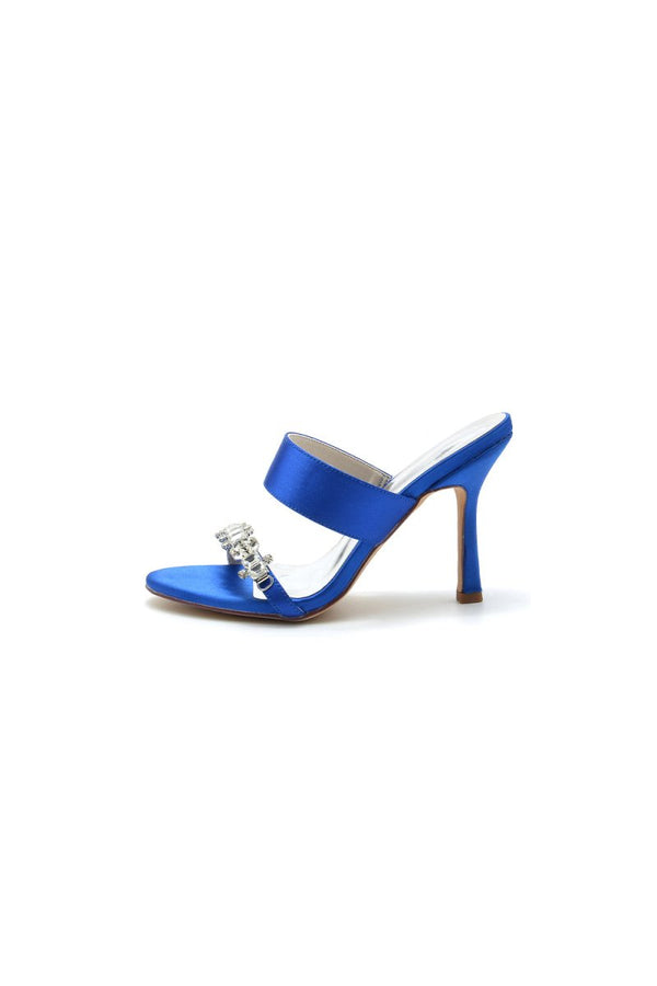 Open Toe Satin Strap Slip On High Heels With Rhinestone - KissProm