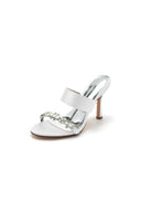 Open Toe Satin Strap Slip On High Heels With Rhinestone - KissProm
