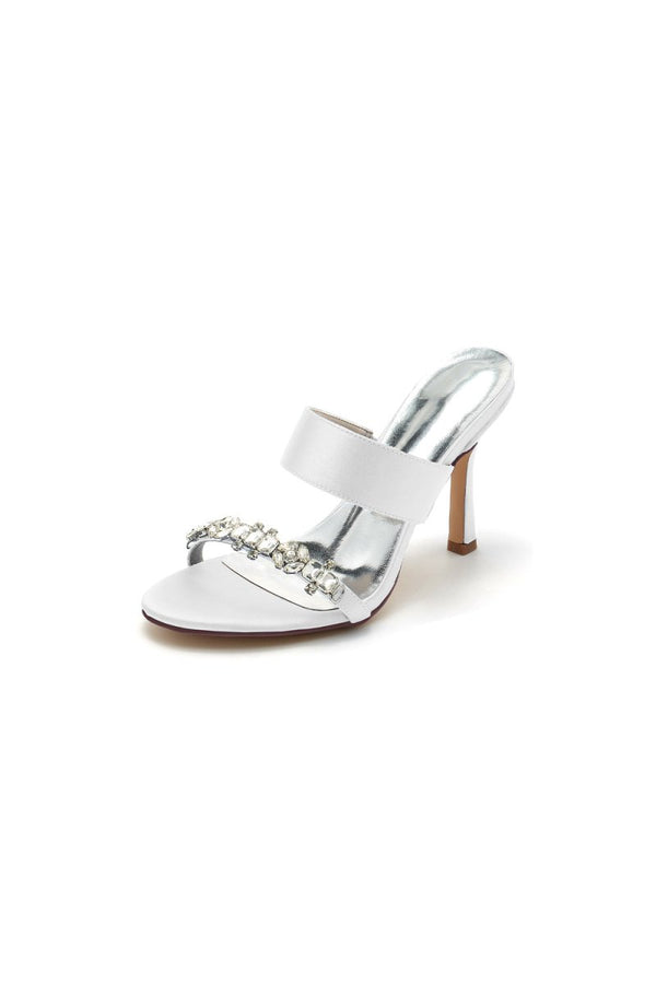 Open Toe Satin Strap Slip On High Heels With Rhinestone - KissProm