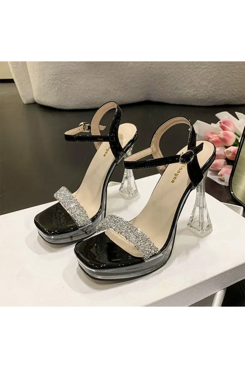 Open Toe Transparent Stiletto Heel Buckle Party Shoes With Rhinestone - KissProm