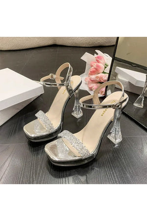 Open Toe Transparent Stiletto Heel Buckle Party Shoes With Rhinestone