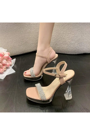 Open Toe Transparent Stiletto Heel Buckle Party Shoes With Rhinestone