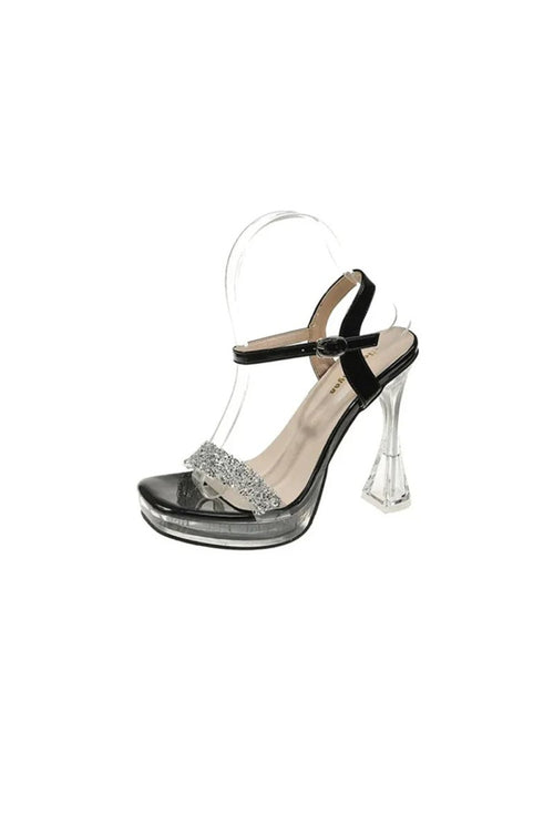 Open Toe Transparent Stiletto Heel Buckle Party Shoes With Rhinestone - KissProm