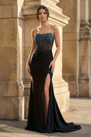Strapless Mermaid Beaded Long Prom Dress With Slit - KissProm