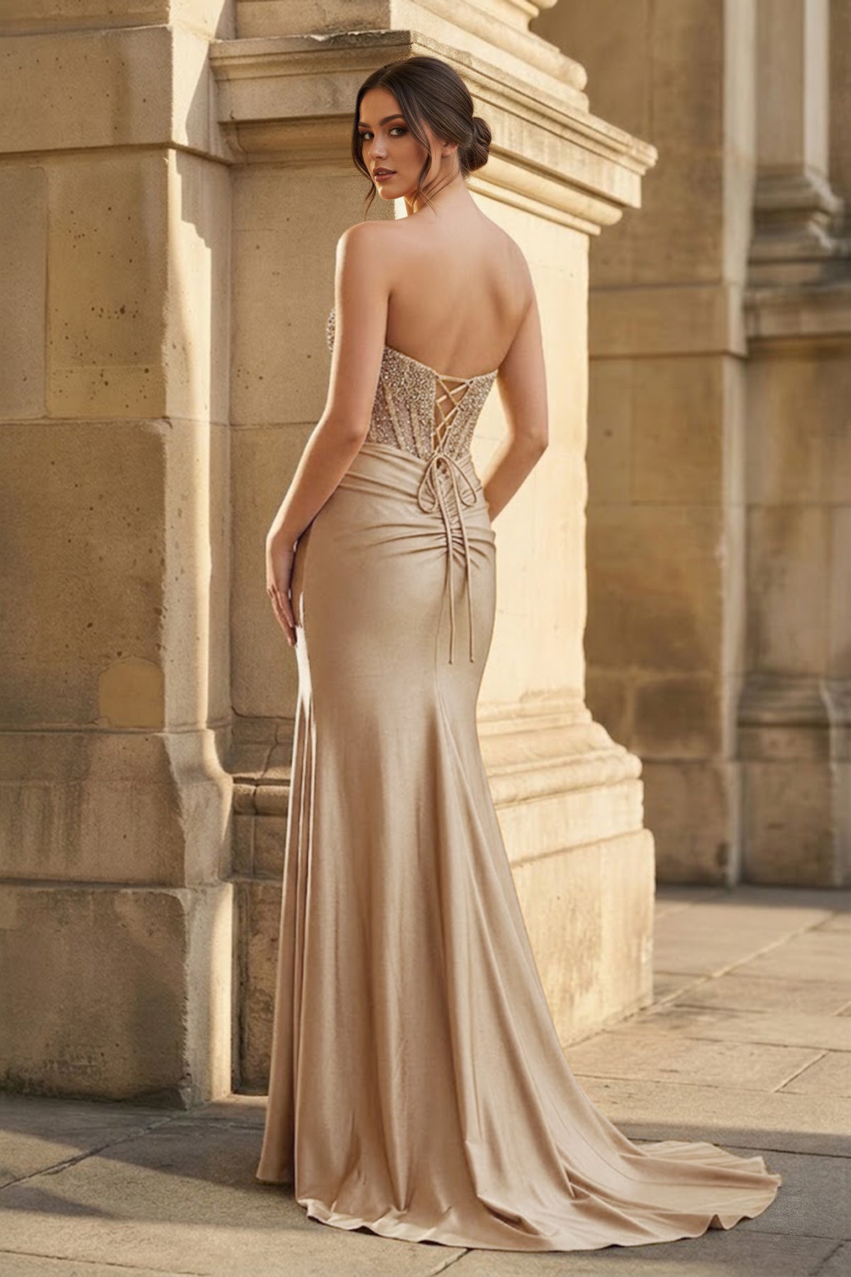 KissProm Strapless Mermaid Beaded Long Prom Dress With Slit, Golden / 2