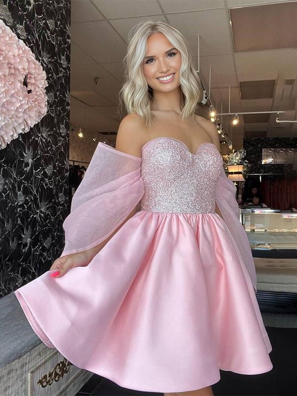 Ophelina | Pink - A-Line Off The Shoulder Sequined Short Homecoming Dresses