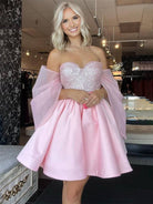 Ophelina | Pink - A-Line Off The Shoulder Sequined Short Homecoming Dresses