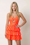 Orange A Line Sweetheart Satin Cut Out Ruffled Homecoming Dresses with Beads | KISSPROM