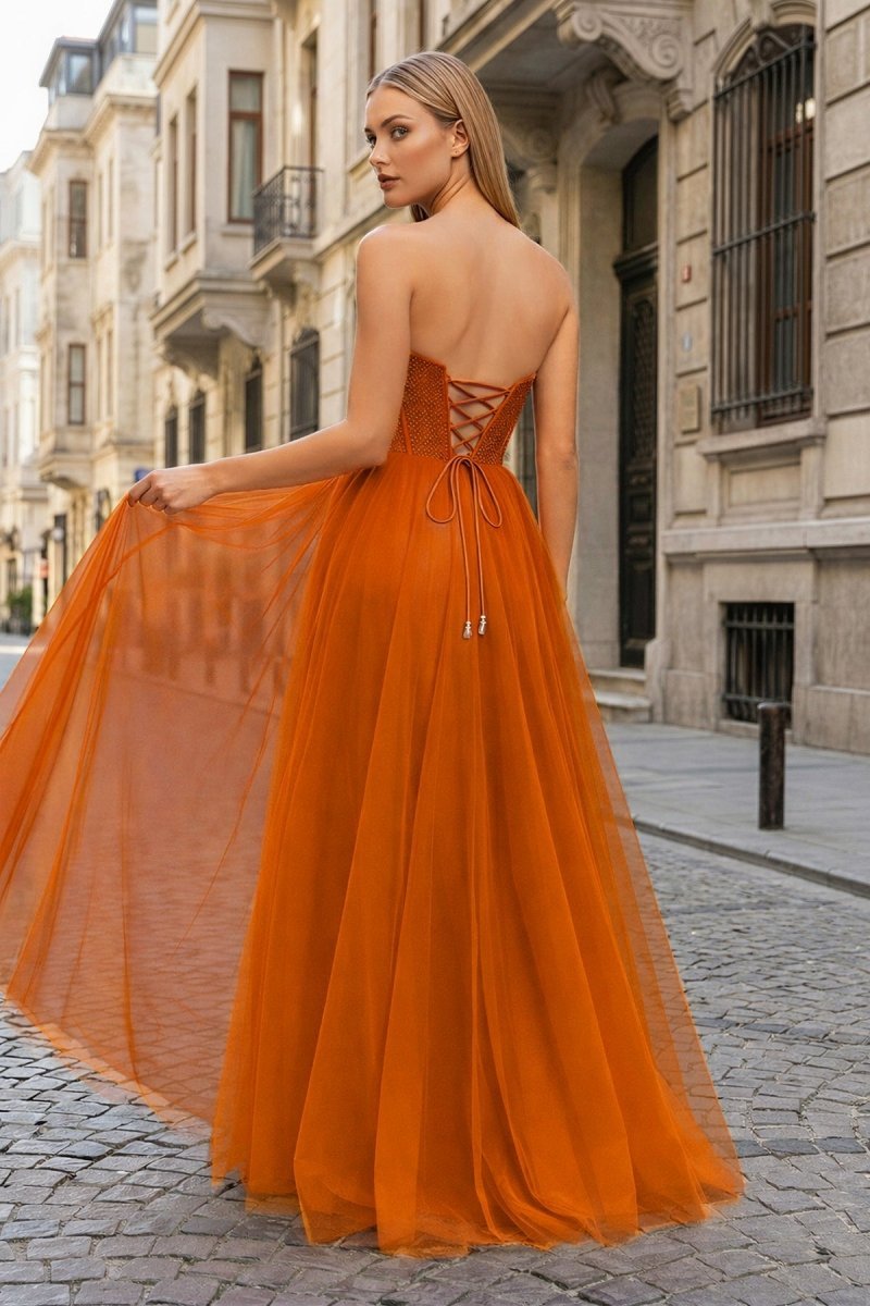 KissProm A-Line Sweetheart Beads Empire-Waist Sleeveless Prom Dress With Slit, Orange / 16