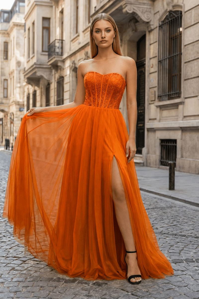 a line waist dress A-Line Sweetheart Beads Empire-Waist Sleeveless Prom Dress With Slit