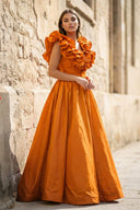 Red Ruffle V Neck Satin A - Line Long Prom Dresses - KissProm