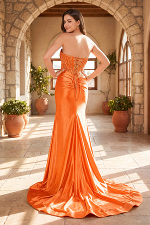 Orange Beaded Strapless Applique Formal Dress with Slit (2) | KISSPROM