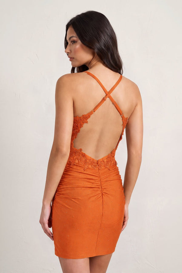 Orange Bodycon Spaghetti Straps Appliqued Mini Party Dress (2) | KISSPROM