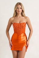 Orange Bodycon Strapless Satin Corset Homecoming Dress with Beads | KISSPROM