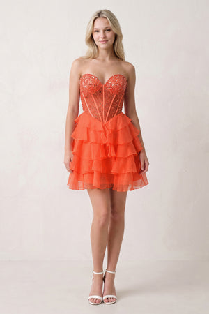 Orange Coral Pink Sweetheart Tiered Ruffled A-Line Corset Chiffon Homecoming Dress (2) | KISSPROM