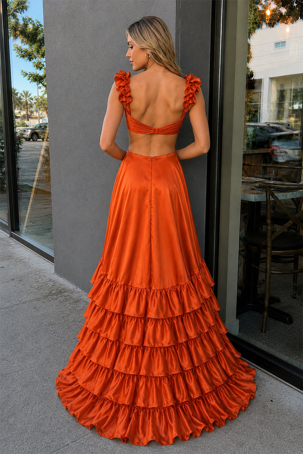 Brittany Red Cutout Ruffle A-Line Prom Dress | Elegant Gown with Slit