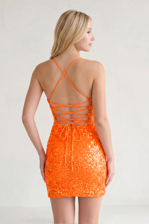 Orange Glitter Orange Sequin Spaghetti Straps Lace Up Tight Mini Party Dresses-KISSPROM
