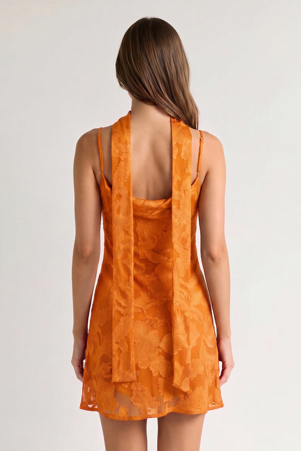 Orange Jacquard Chiffon Cami Straps Sheath Homecoming Dress with Scarf (2) | KISSPROM