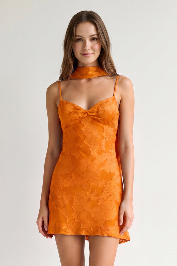 Orange Jacquard Chiffon Cami Straps Sheath Homecoming Dress with Scarf | KISSPROM