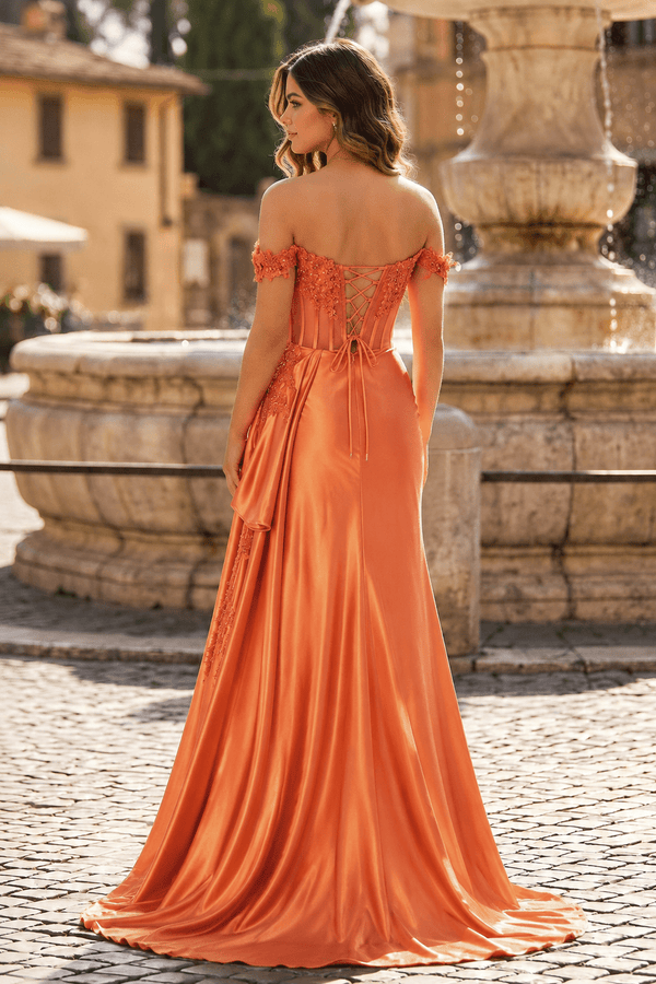 Off the Shoulder Satin Beaded Prom Dress With Appliques