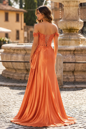 Off the Shoulder Satin Beaded Prom Dress With Appliques