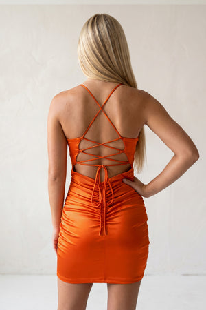 Orange Lace-Up Back Spaghetti Straps Tight Short Homecoming Dress - KISSPROM