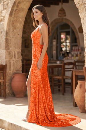 Orange Mermaid V Neck Sequins Prom Dress with Slit (2) | KISSPROM
