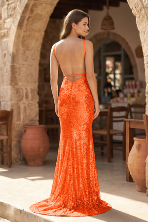 Orange Mermaid V Neck Sequins Prom Dress with Slit (3) | KISSPROM