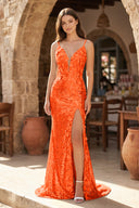 Orange Mermaid V Neck Sequins Prom Dress with Slit | KISSPROM