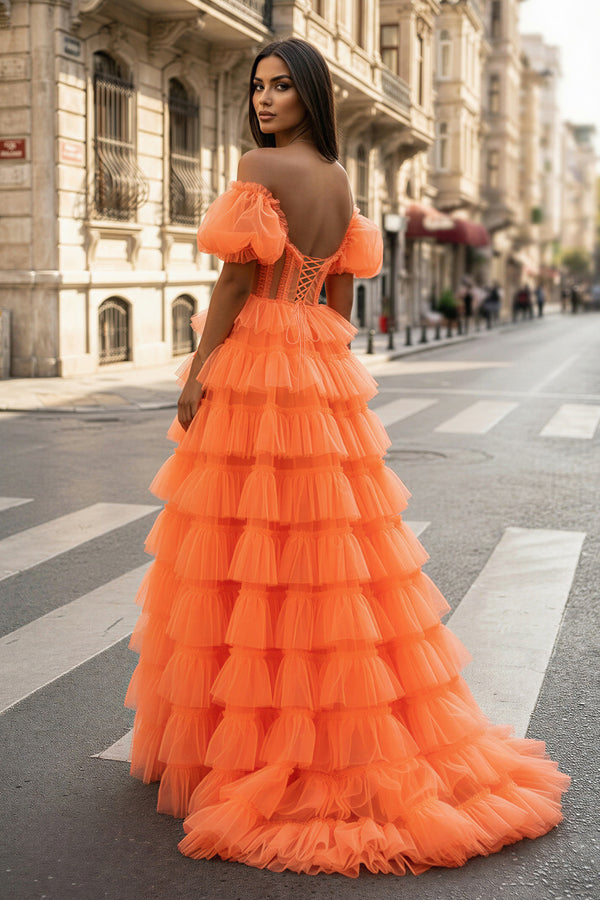 KissProm-Orange A-line Off-the-Shoulder Tulle Prom Dress with Slit