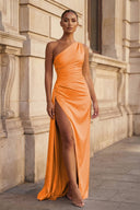 Orange One Shoulder Sheath Satin Long Prom Dresses With Slit - KissProm