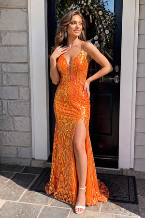 Mermaid Spaghetti Straps Blue Sequins Lace Long Prom Dresses with Slit - KissProm