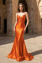 Orange Satin Mermaid Plunge Neck Long Party Dress | KISSPROM