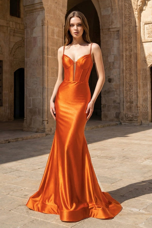 Orange Satin Mermaid Plunge Neck Long Party Dress | KISSPROM