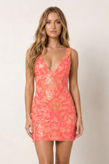 Orange Sequin Lace Plunge V Backless Bodycon Mini Homecoming Dresses | KISSPROM
