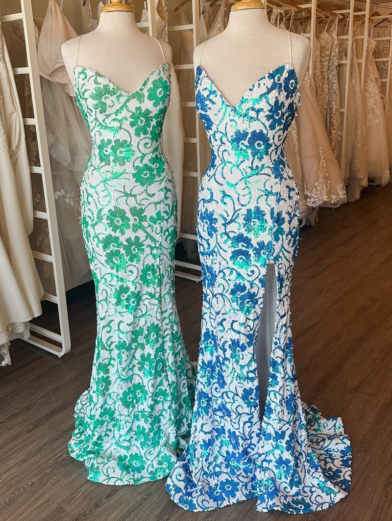 Orange Sequin Lace Spaghetti Straps Mermaid Prom Dresses with Slit Orange Sequin Lace Spaghetti Straps Mermaid Prom Dresses with Slit